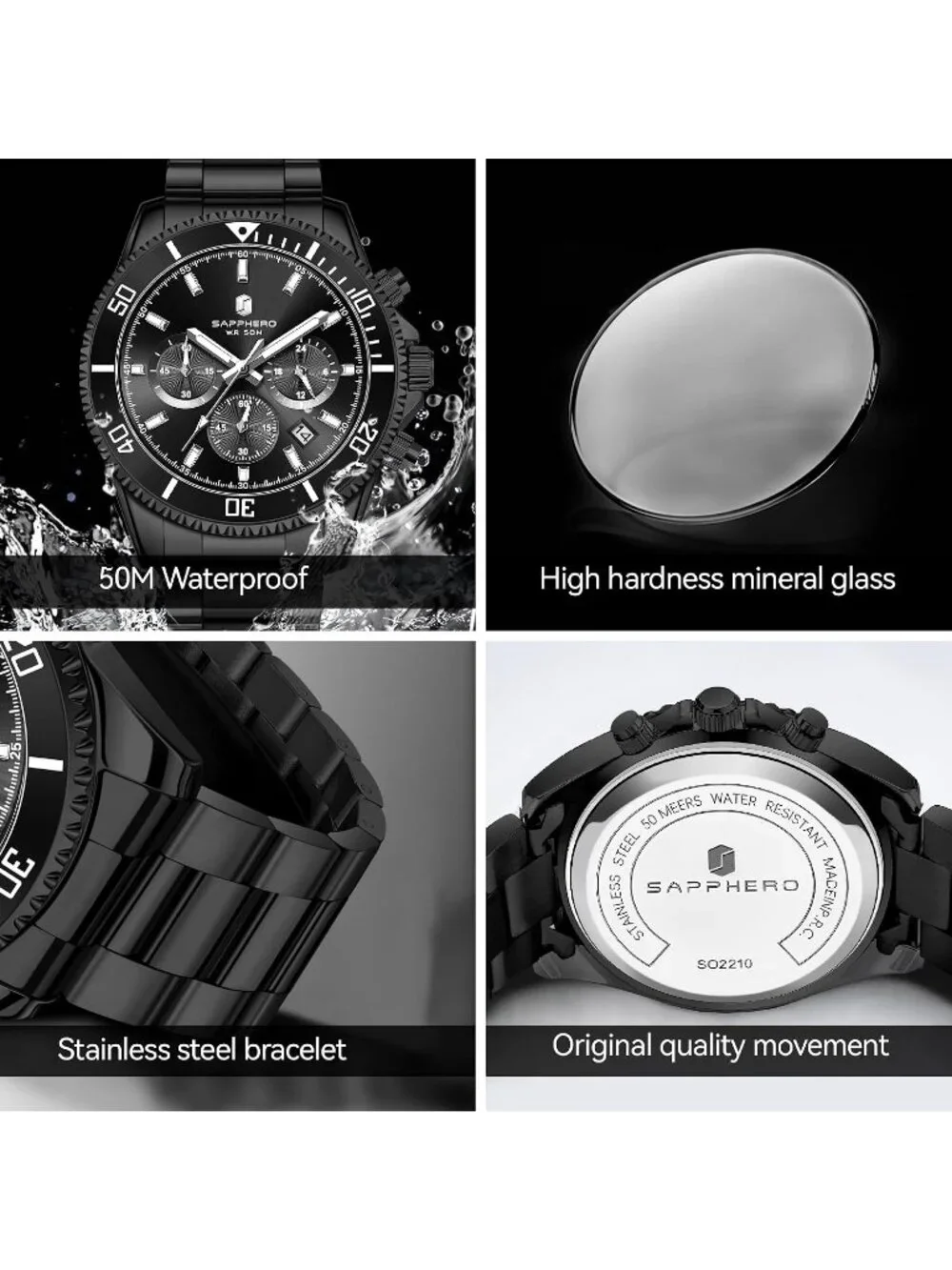 Men's Black Strap Black face Quartz Chronograph Stainless Steel Waterproof Watch
